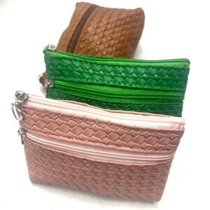 Victoria Leland Design Woven Leather Pouch Set - Pink, Green, Brown
